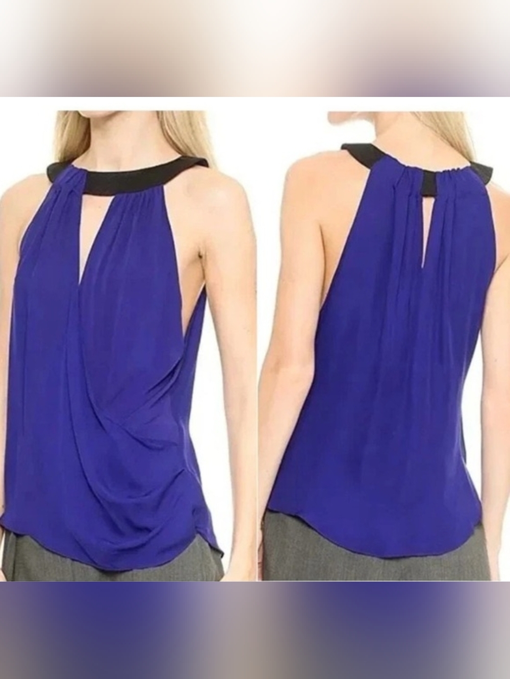 Ramy Brook Sleeveless Pleated Halter Silk Top in Royal Blue